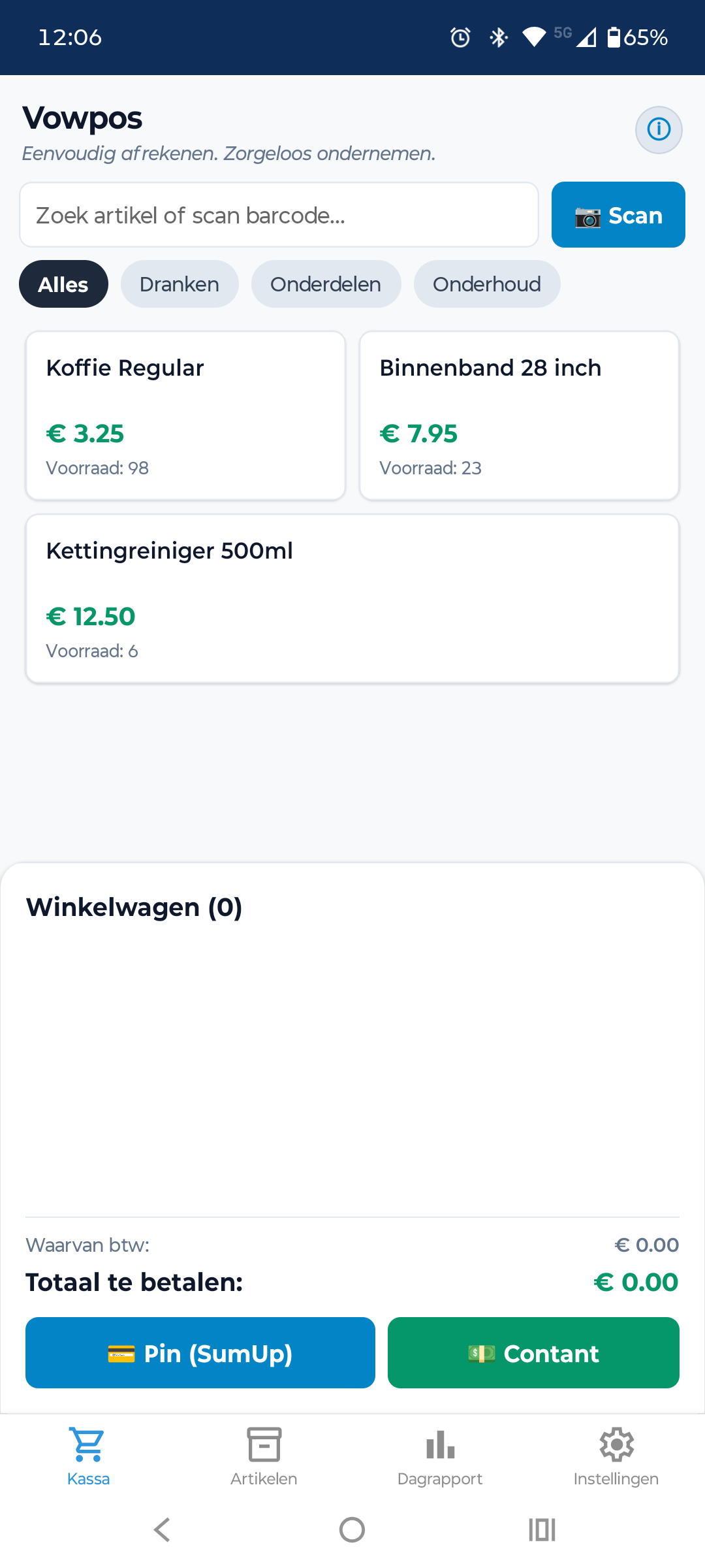 Vowpos-kassascherm met artikelkeuze en winkelwagen