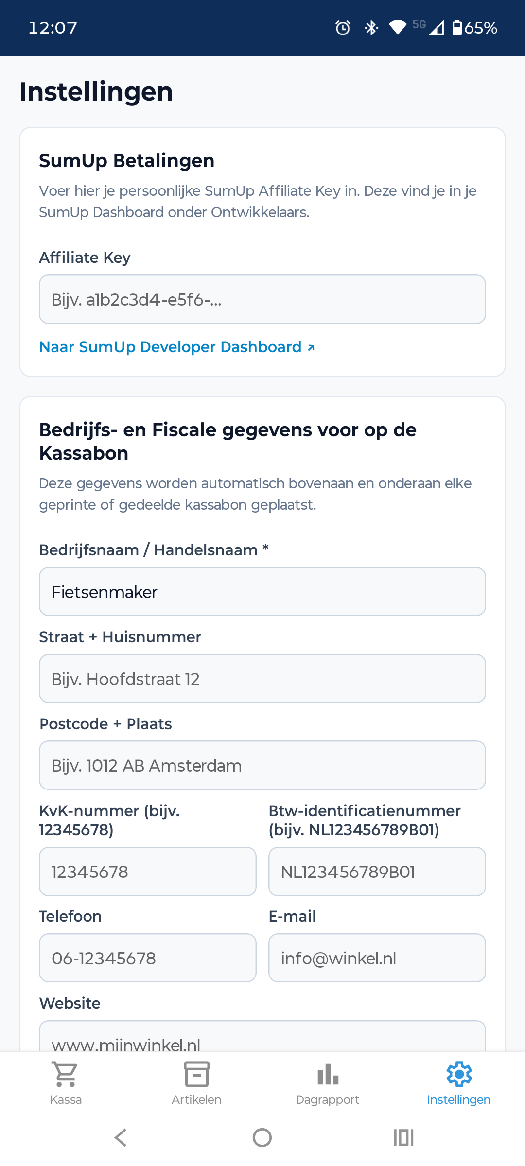 Vowpos-instellingen voor SumUp-koppeling en bongegevens